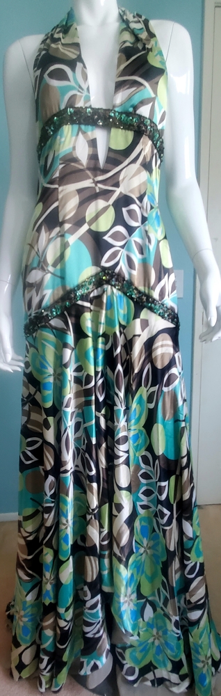 Jovani Formal Green Floral Plunging Halter Gown